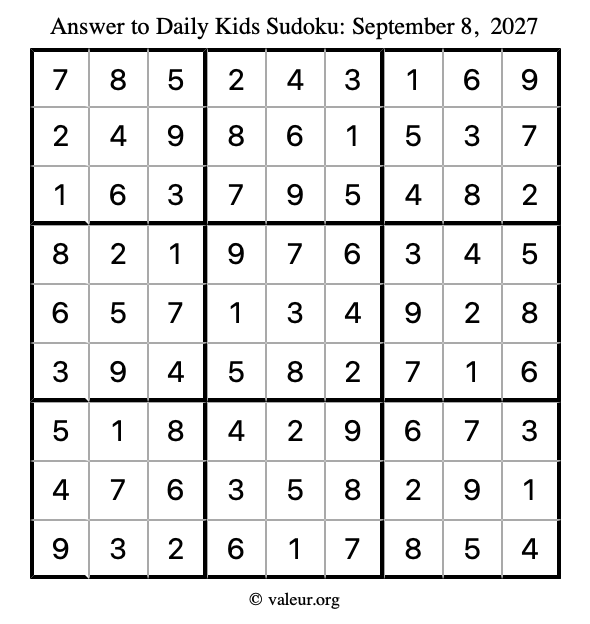 Answer to kids sudoku September 8, 2027