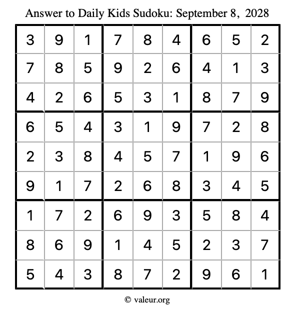 Answer to kids sudoku September 8, 2028