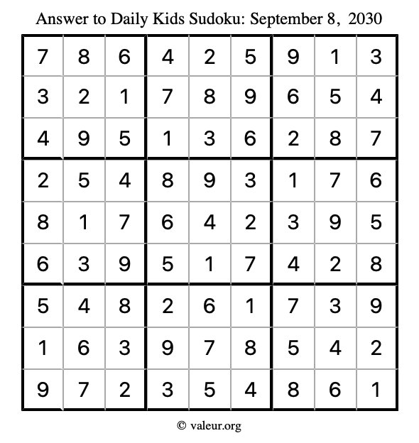 Answer to kids sudoku September 8, 2030