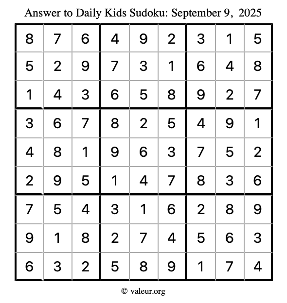 Answer to kids sudoku September 9, 2025