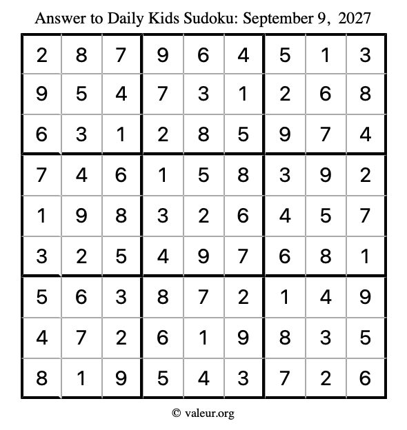 Answer to kids sudoku September 9, 2027
