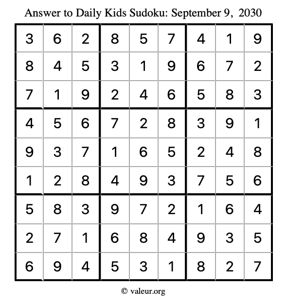Answer to kids sudoku September 9, 2030