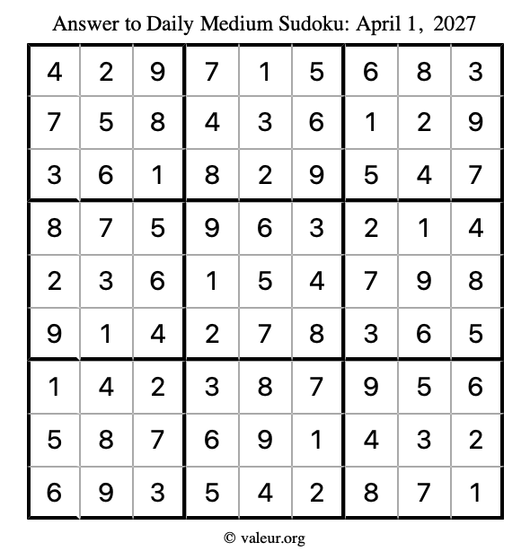 Answer to medium sudoku April 1, 2027