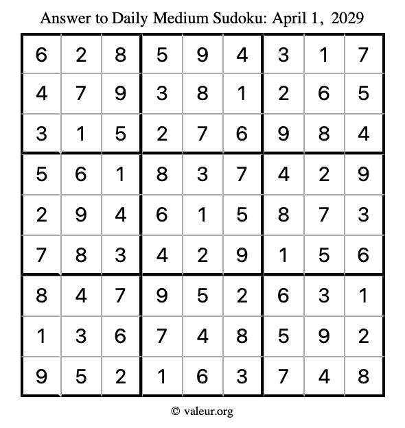 Answer to medium sudoku April 1, 2029