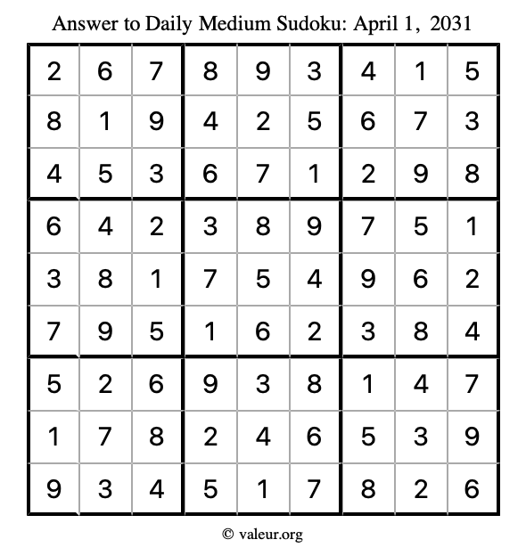 Answer to medium sudoku April 1, 2031