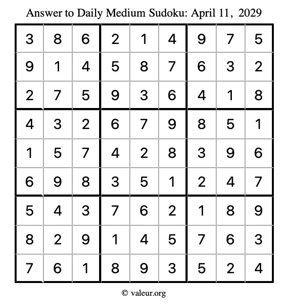 Answer to medium sudoku April 11, 2029