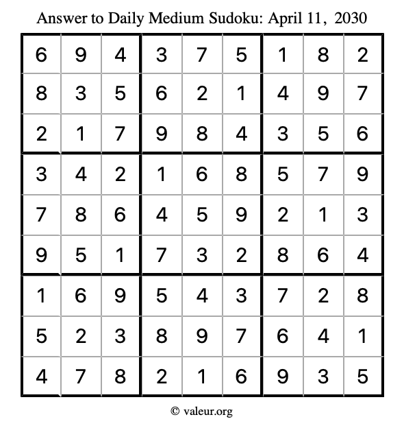 Answer to medium sudoku April 11, 2030