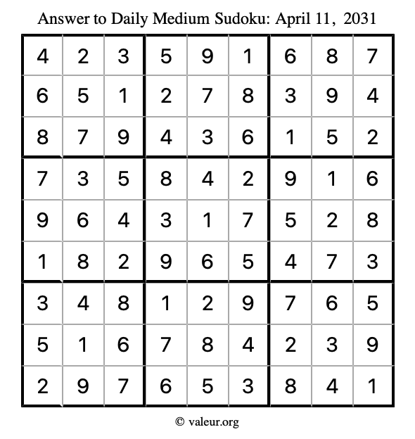 Answer to medium sudoku April 11, 2031