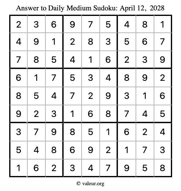 Answer to medium sudoku April 12, 2028