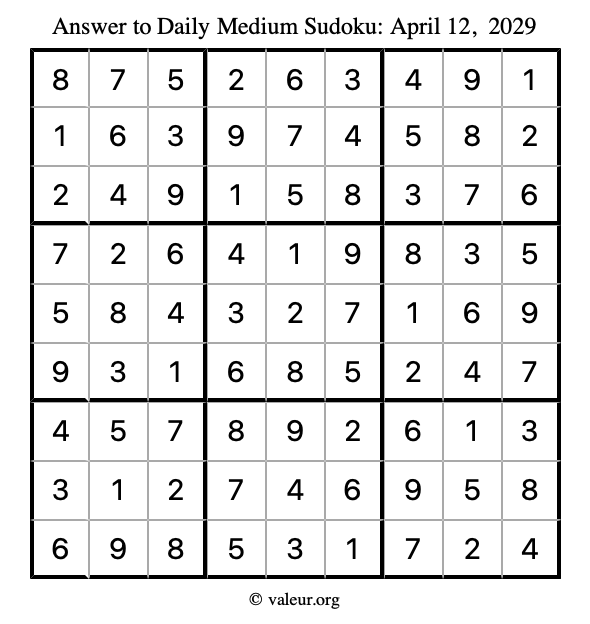Answer to medium sudoku April 12, 2029