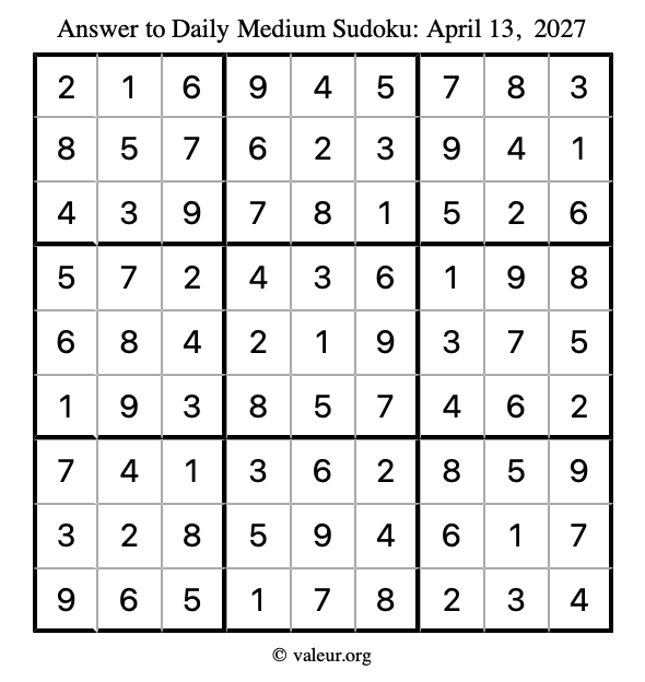 Answer to medium sudoku April 13, 2027
