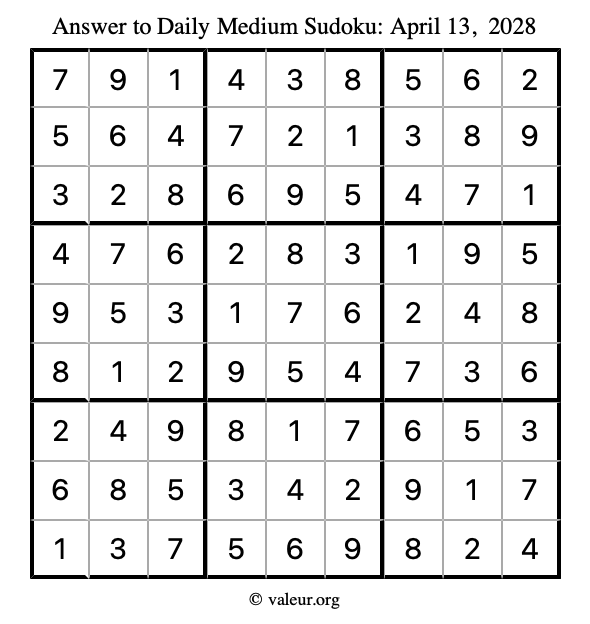 Answer to medium sudoku April 13, 2028