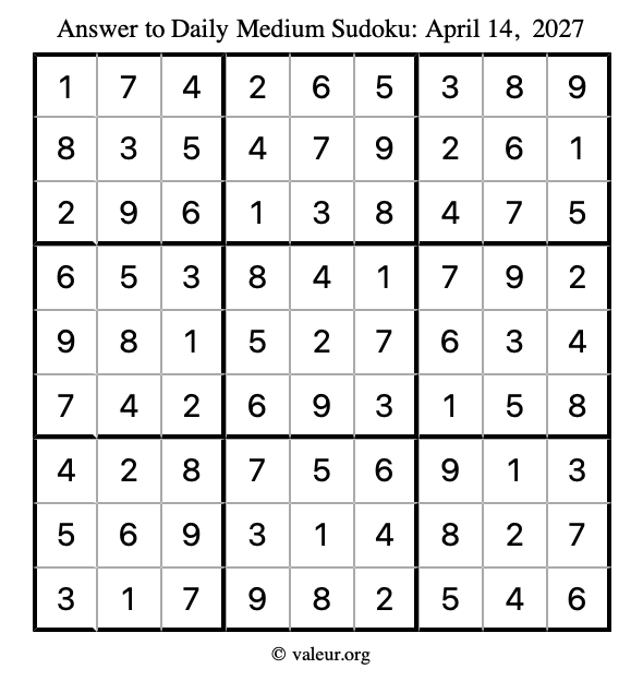 Answer to medium sudoku April 14, 2027
