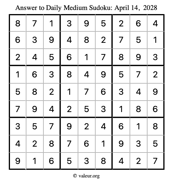 Answer to medium sudoku April 14, 2028