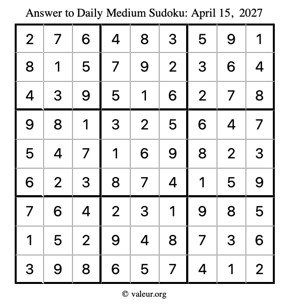 Answer to medium sudoku April 15, 2027