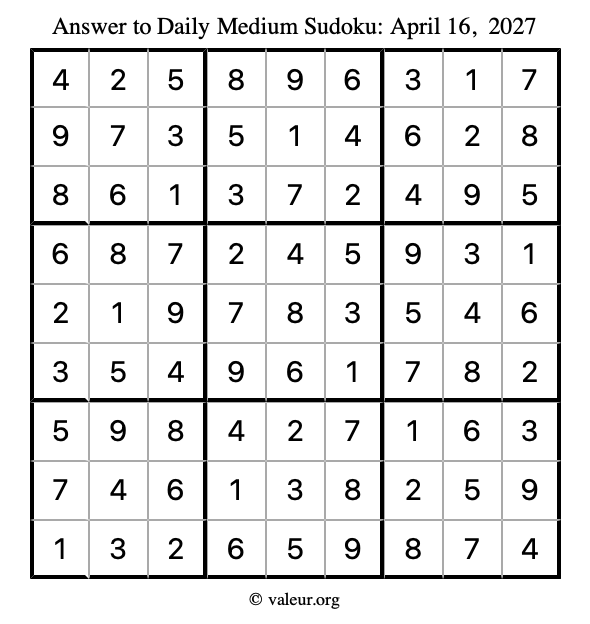 Answer to medium sudoku April 16, 2027