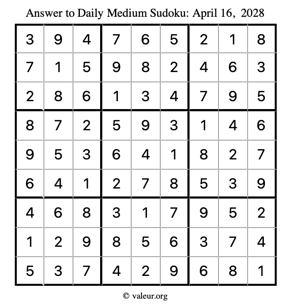 Answer to medium sudoku April 16, 2028