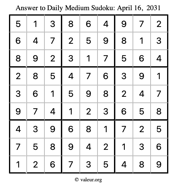 Answer to medium sudoku April 16, 2031