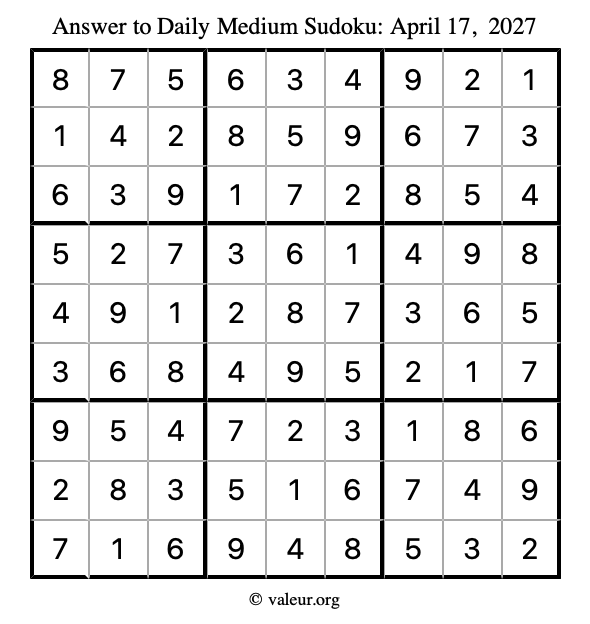 Answer to medium sudoku April 17, 2027