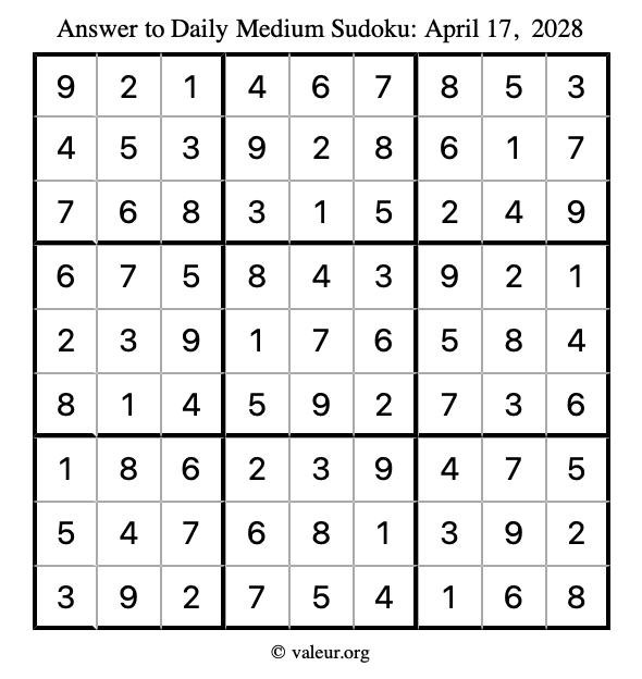 Answer to medium sudoku April 17, 2028