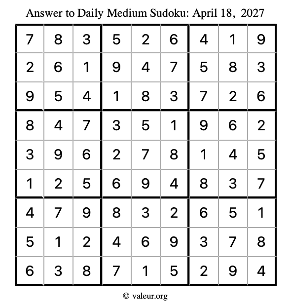 Answer to medium sudoku April 18, 2027