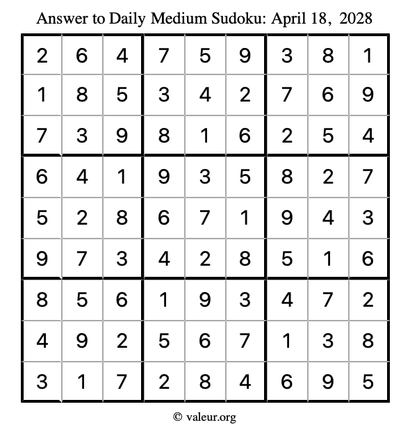 Answer to medium sudoku April 18, 2028