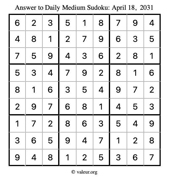 Answer to medium sudoku April 18, 2031