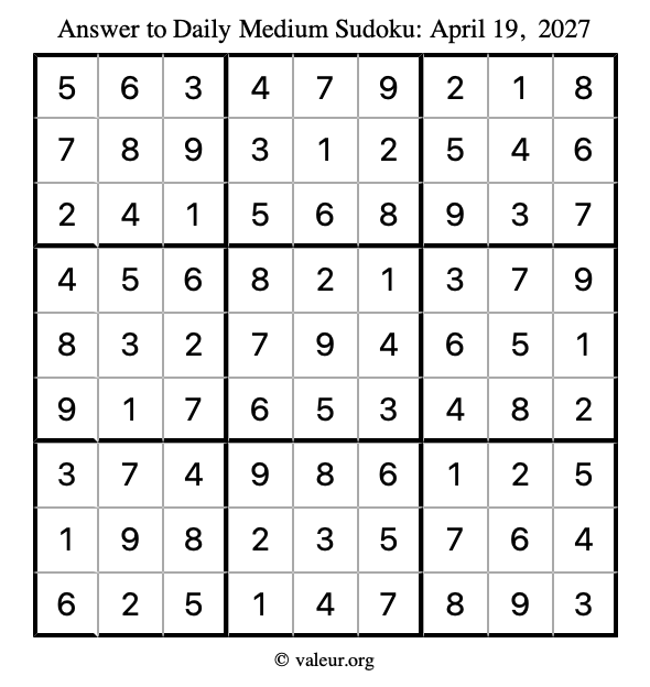 Answer to medium sudoku April 19, 2027