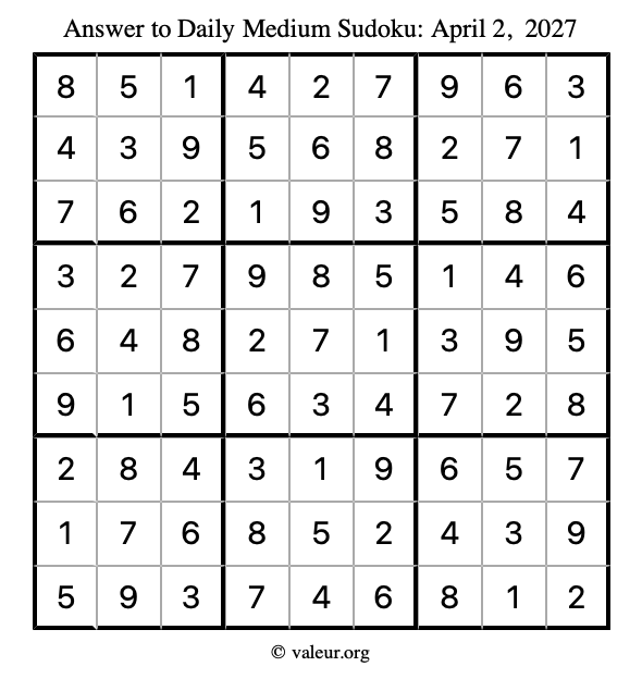 Answer to medium sudoku April 2, 2027