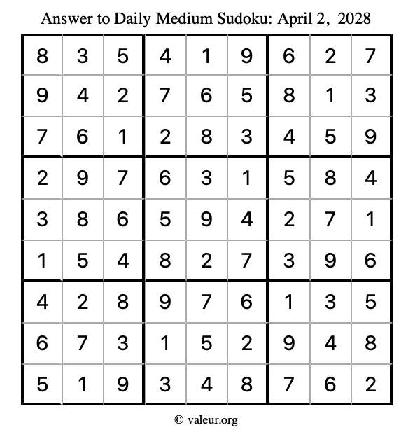 Answer to medium sudoku April 2, 2028