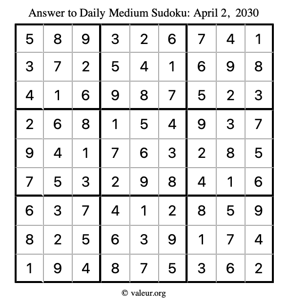 Answer to medium sudoku April 2, 2030
