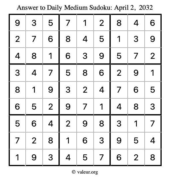 Answer to medium sudoku April 2, 2032