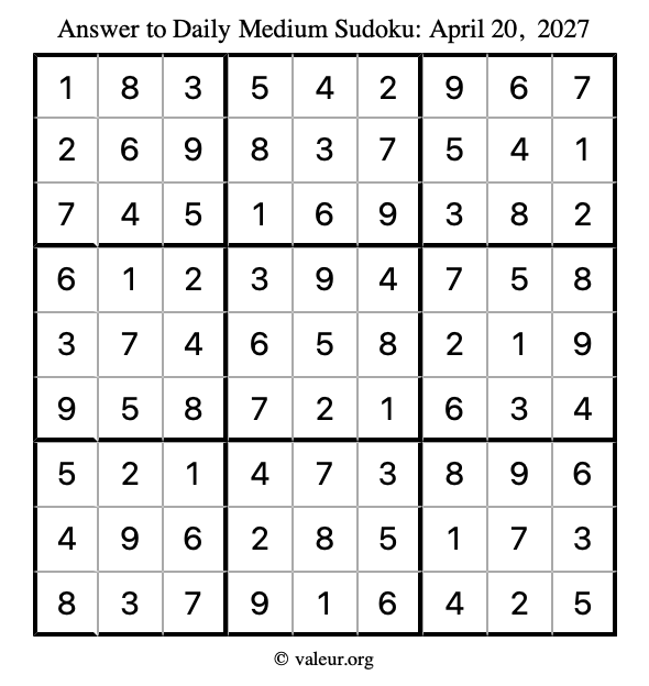 Answer to medium sudoku April 20, 2027