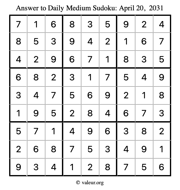 Answer to medium sudoku April 20, 2031