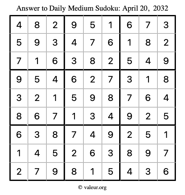 Answer to medium sudoku April 20, 2032