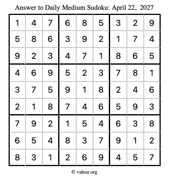 Answer to medium sudoku April 22, 2027