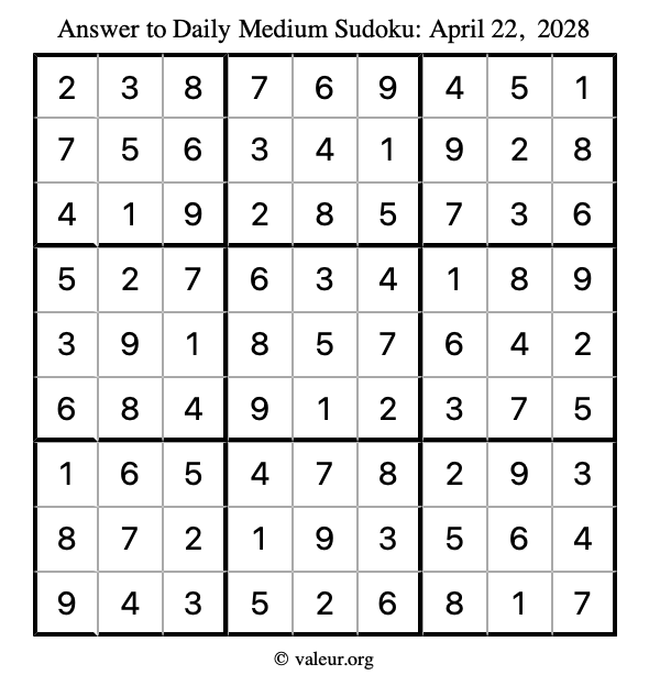 Answer to medium sudoku April 22, 2028