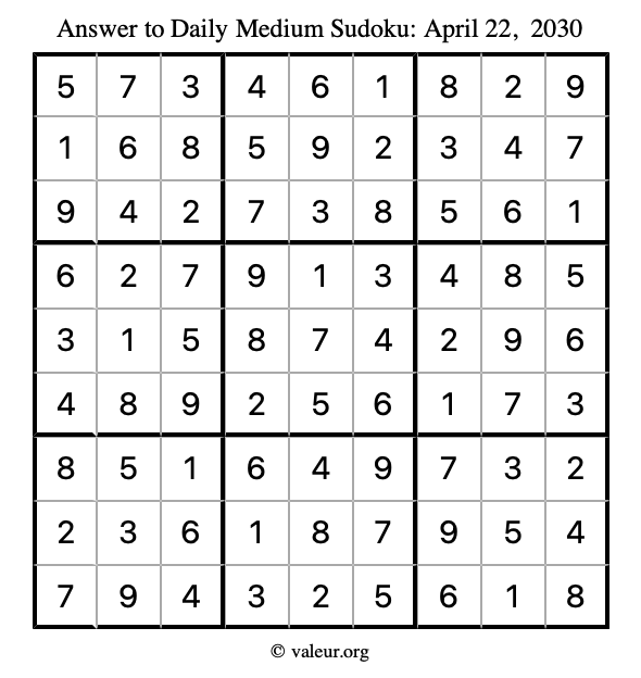 Answer to medium sudoku April 22, 2030