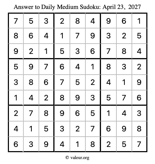 Answer to medium sudoku April 23, 2027