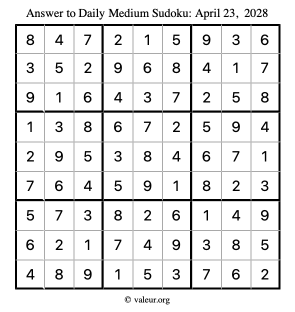 Answer to medium sudoku April 23, 2028