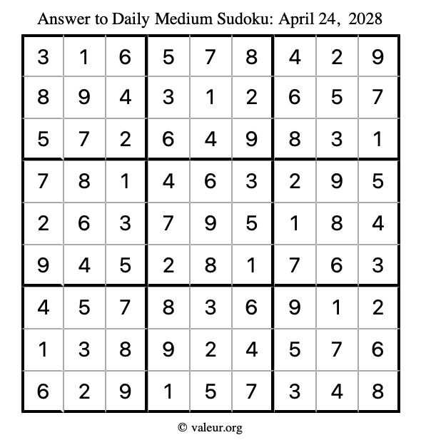 Answer to medium sudoku April 24, 2028