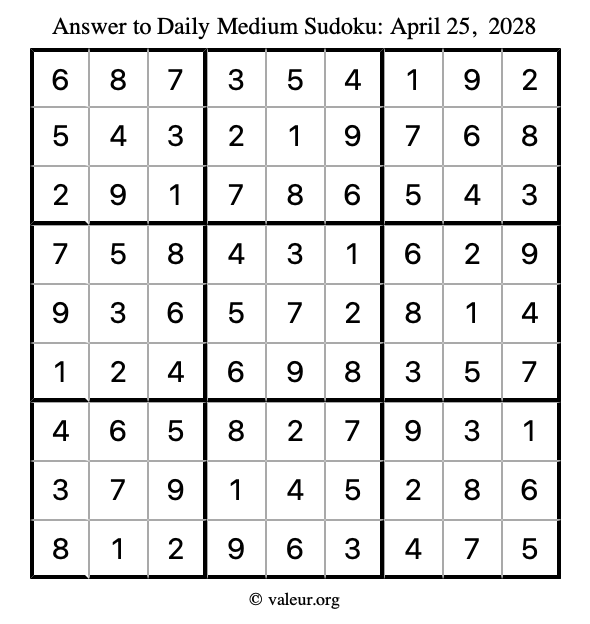 Answer to medium sudoku April 25, 2028
