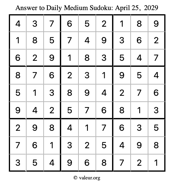 Answer to medium sudoku April 25, 2029