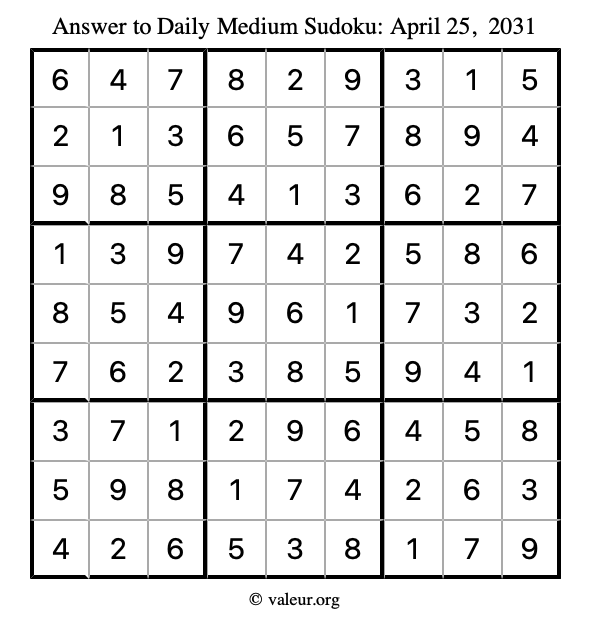 Answer to medium sudoku April 25, 2031