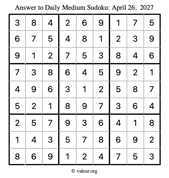 Answer to medium sudoku April 26, 2027