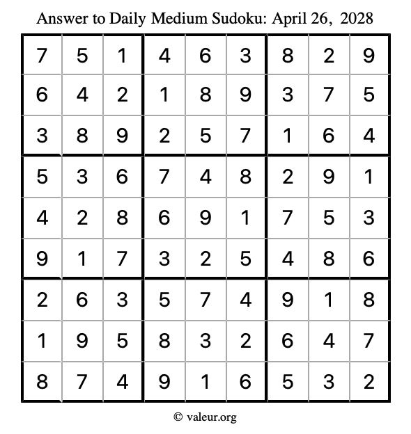 Answer to medium sudoku April 26, 2028