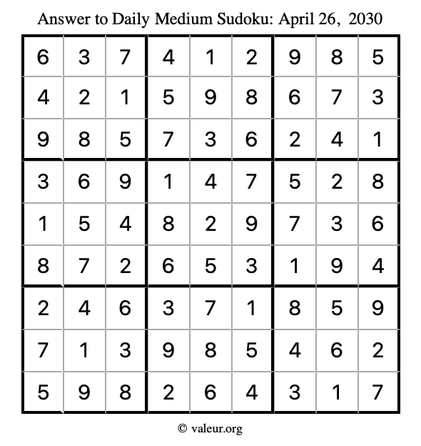 Answer to medium sudoku April 26, 2030