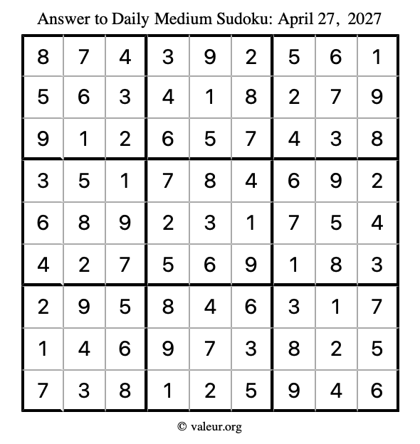Answer to medium sudoku April 27, 2027