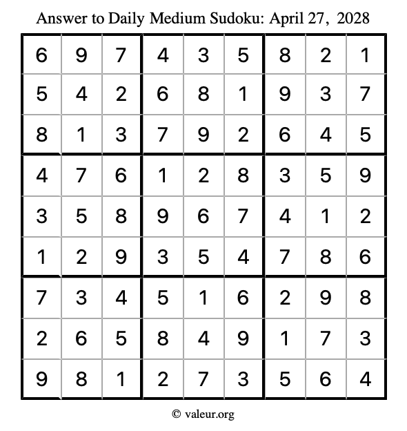 Answer to medium sudoku April 27, 2028