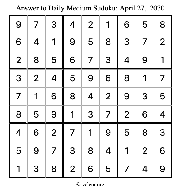 Answer to medium sudoku April 27, 2030